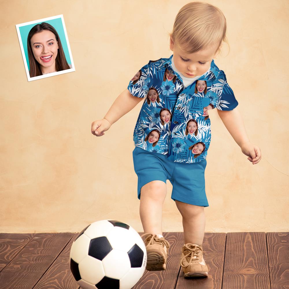 Léine Haváise Aghaidh Chustaim Kid's Ar fud Priontáil Gorm Léine Muinchille Gearr