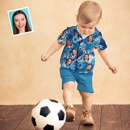 Léine Haváise Aghaidh Chustaim Kid's Ar fud Priontáil Gorm Léine Muinchille Gearr