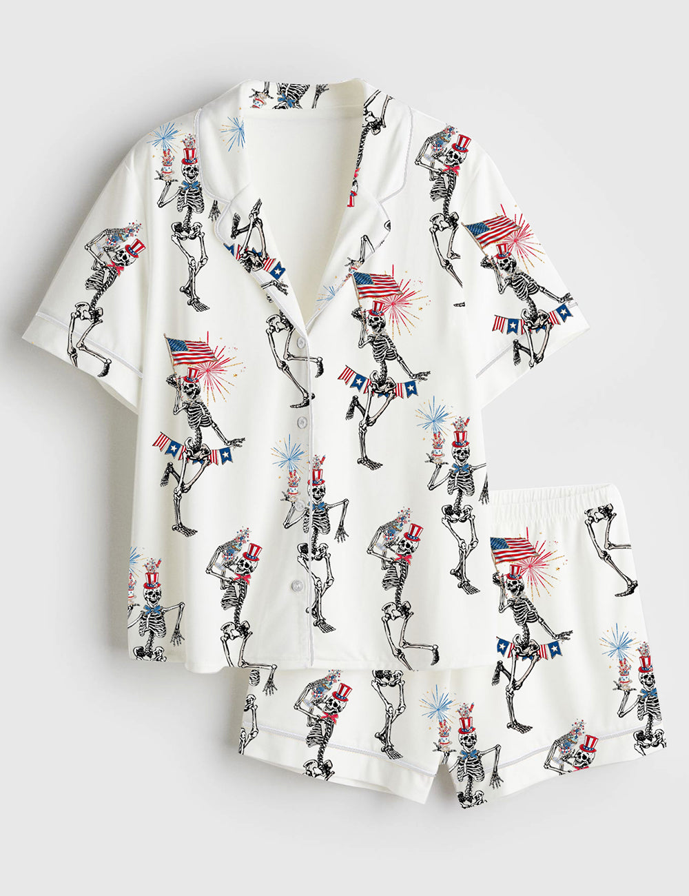 Women’s 4th Of July Skellies Dancing Skeleton American Flag Stars And Stripes Red White Blue Short Sleeve Satin Pajama Set