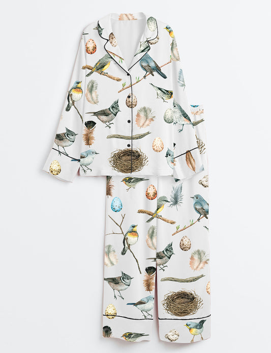 Women's Cute Birds Long Sleeve Satin Pajama Set