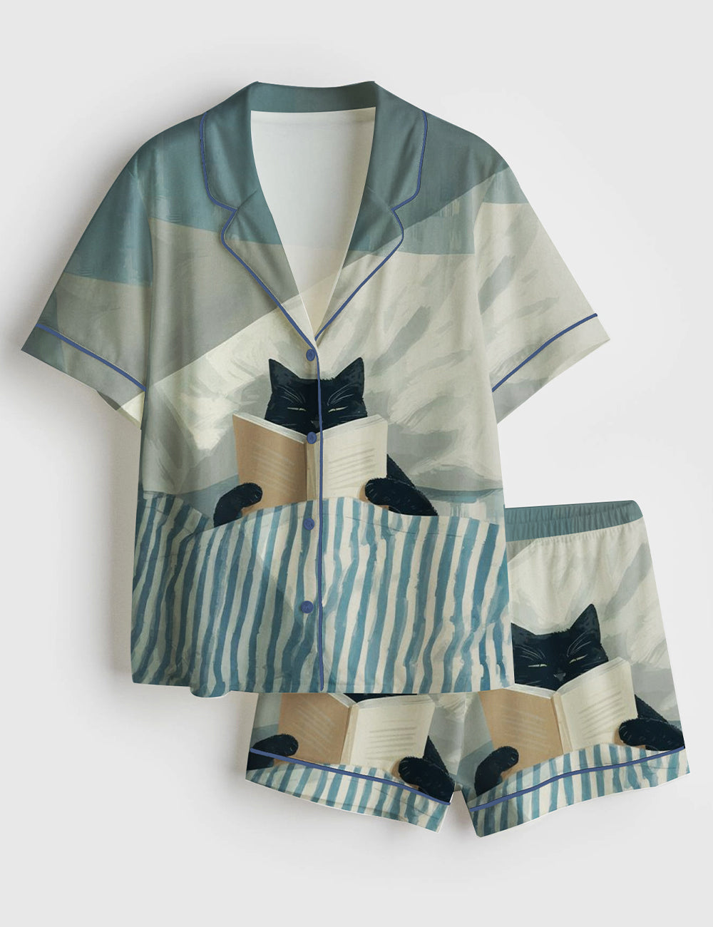 Women’s Black Cat Reading Print Cozy Cat Book Lover Short Sleeve Satin Pajama Set