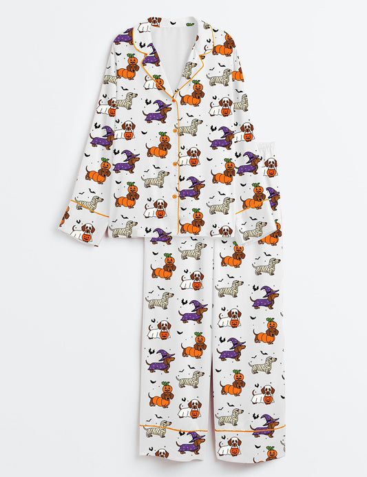 Women’s Cosplay Halloween Pumpkin Dachshund Long Sleeve Satin Pajama Set
