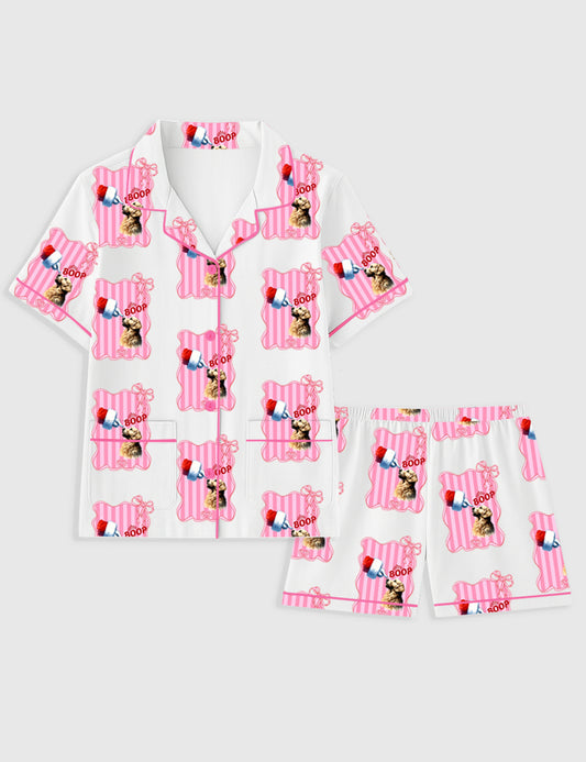 Women's Golden Retriever With Pink Christmas Santa Claus Short Sleeve Pocket Cotton Pajama Set