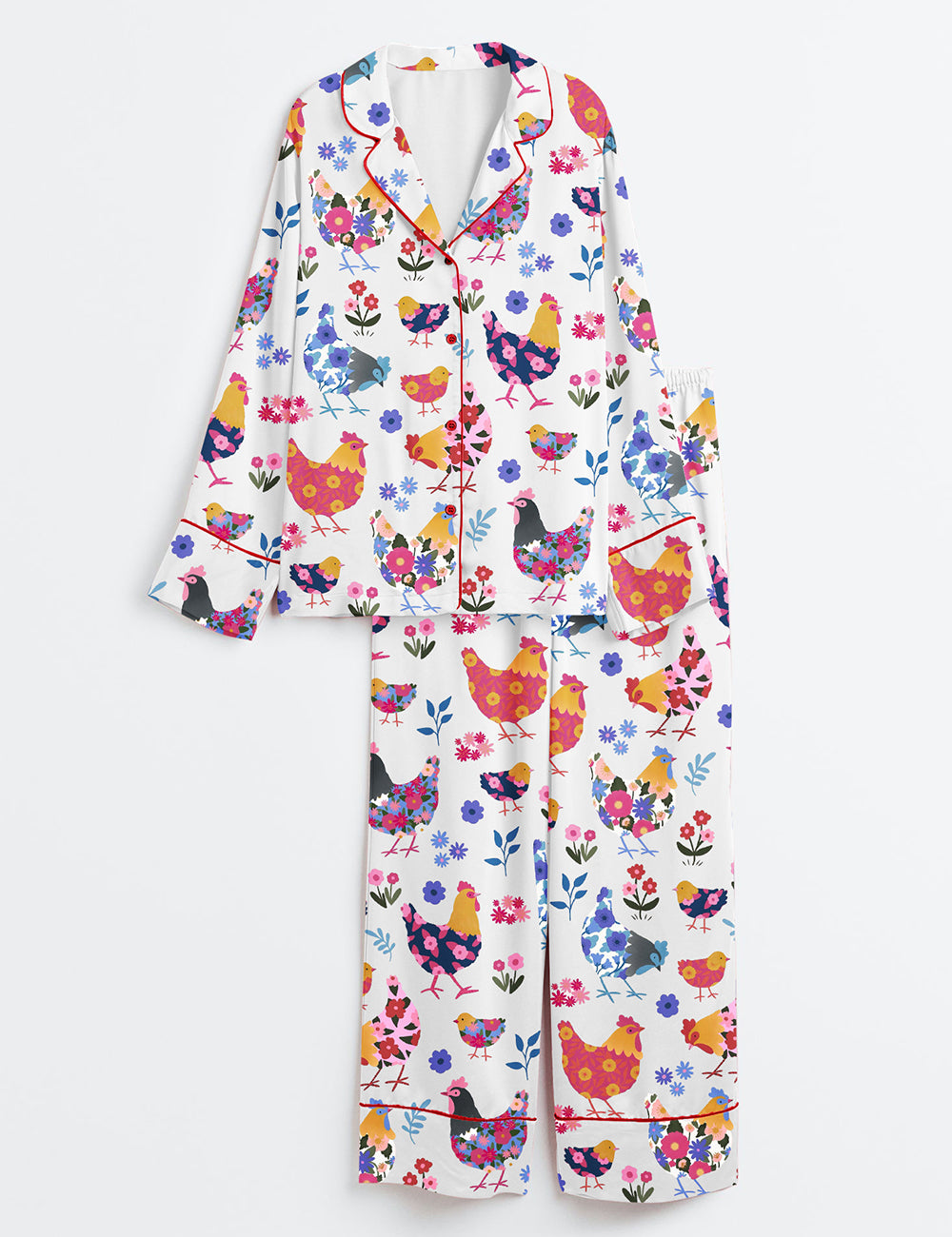 Women’s Flowers Chickens Lovers Long Sleeve Satin Pajama Set