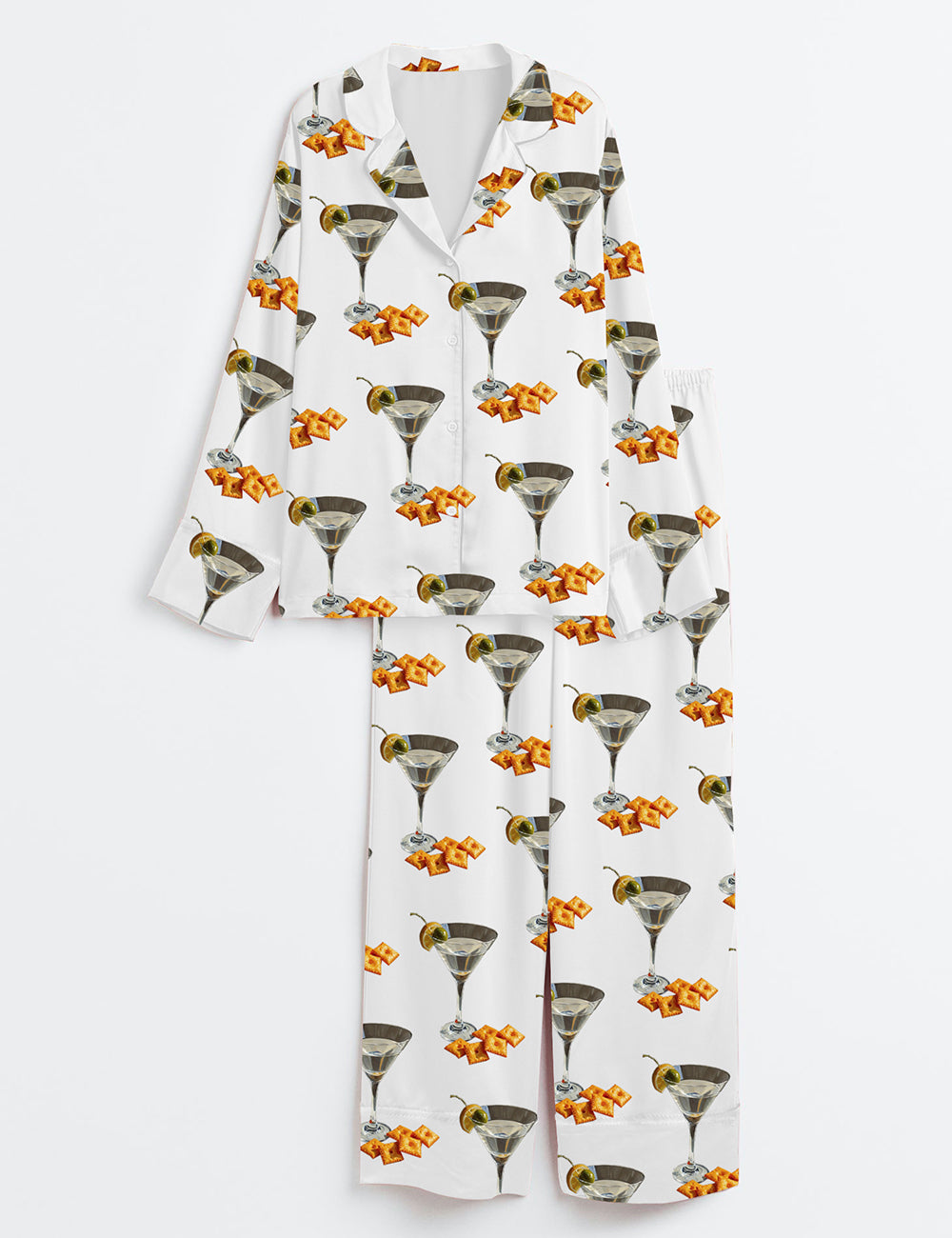 Women’s Martini And Cheese Crackers Cute Quirky Whimsical Cocktail Art Print Long Sleeve Satin Pajama Set
