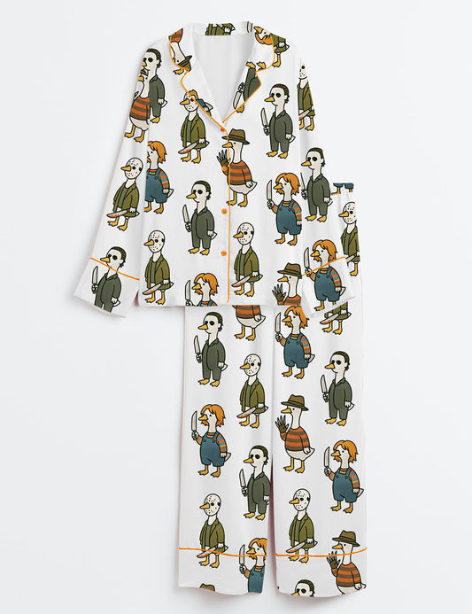 Women’s Just A Horror Goose Halloween Silly Goose Horror Movie Print Long Sleeve Satin Pajama Set