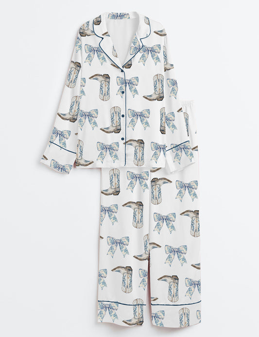 Women's Coquette Blue Bow And Boots Cowgirl Long Sleeve Satin Pajama Set
