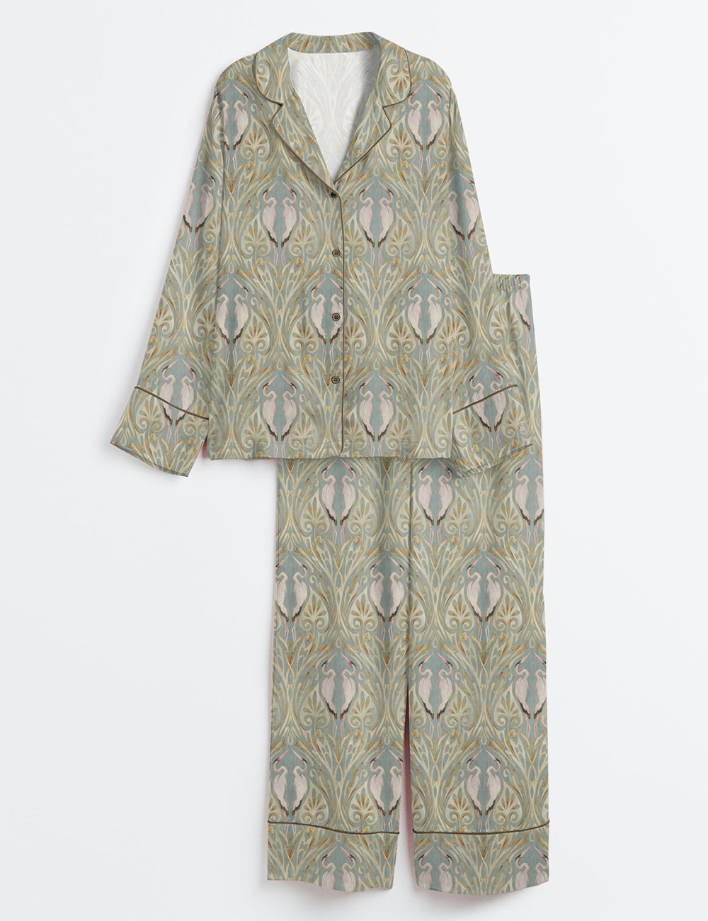 Women’s Art Nouveau Cranes With Vintage Texture Print Long Sleeve Satin Pajama Set
