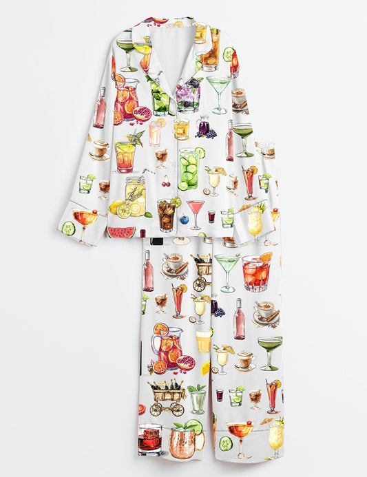 Women’s Watercolor Cocktail Aperol Spritz Margarita Old Fashioned Long Sleeve Satin Pajama Set
