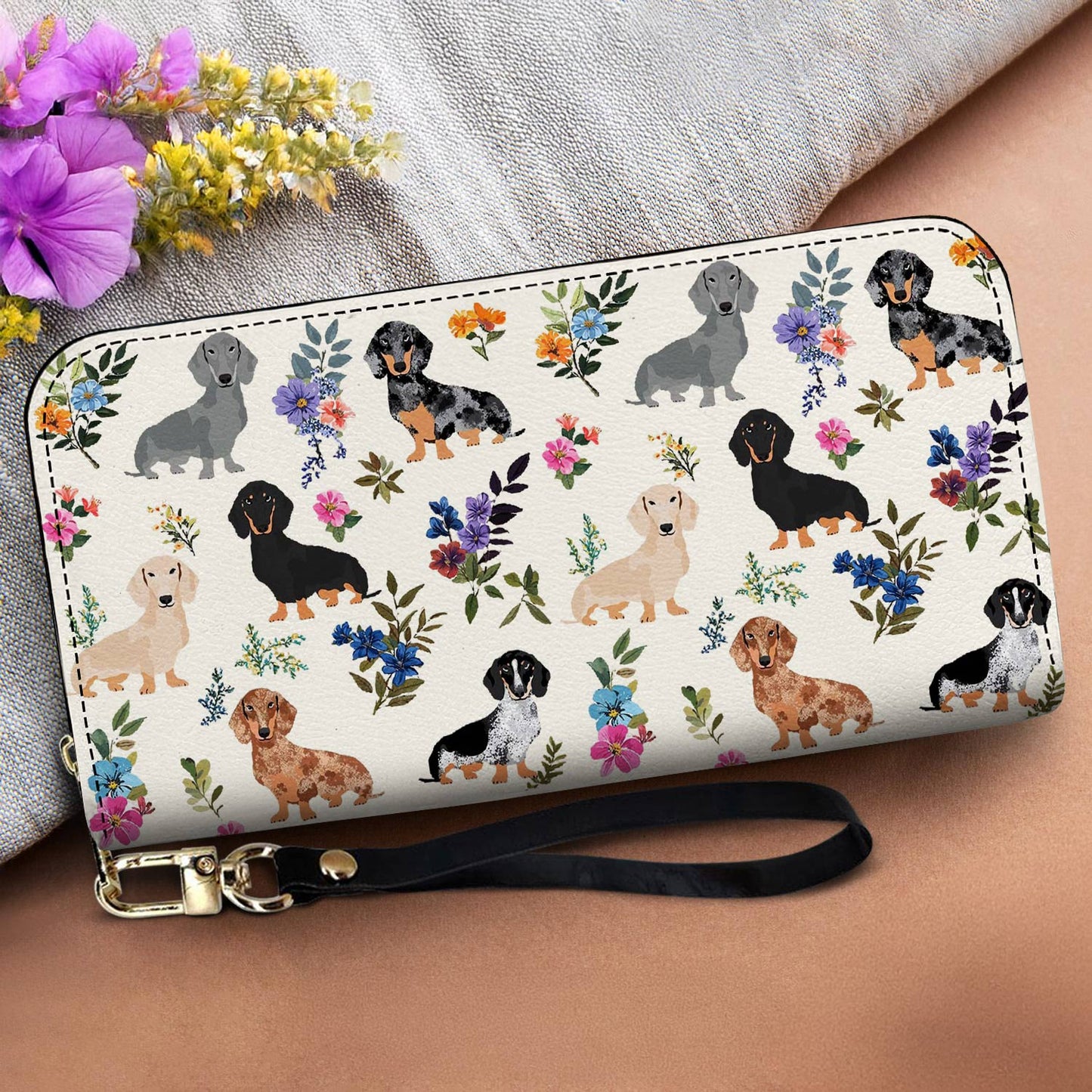 Leather Bag Charming Floral Dachshunds