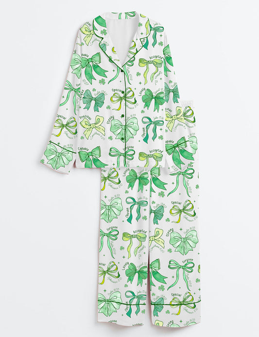 Jesus Christian St.Patrick Day Coquette Bow Long Sleeve Satin Pajama Set