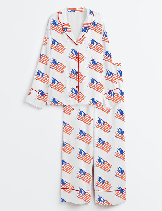 Women’s American Flag 4th Of July Long Sleeve Satin Pajama Set