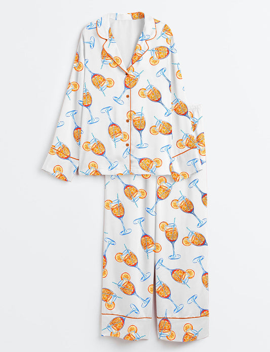 Women's Aperol Spritz Trio Watercolor Long Sleeve Satin Pajama Set