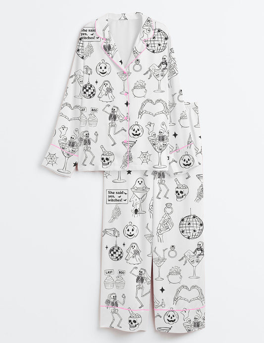 Women’s Halloween Spooky Bachelorette Til Death Do Us Whimsical Wedding Party Print Long Sleeve Satin Pajama Set