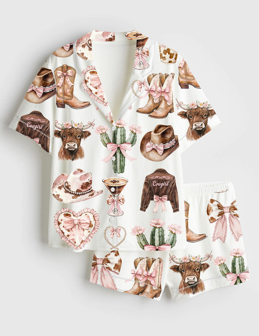 Women’s Coquette Cowgirl Boots Coquette Western Howdy Highland Cow Pink Cowgirl Cactus Short Sleeve Satin Pajama Set