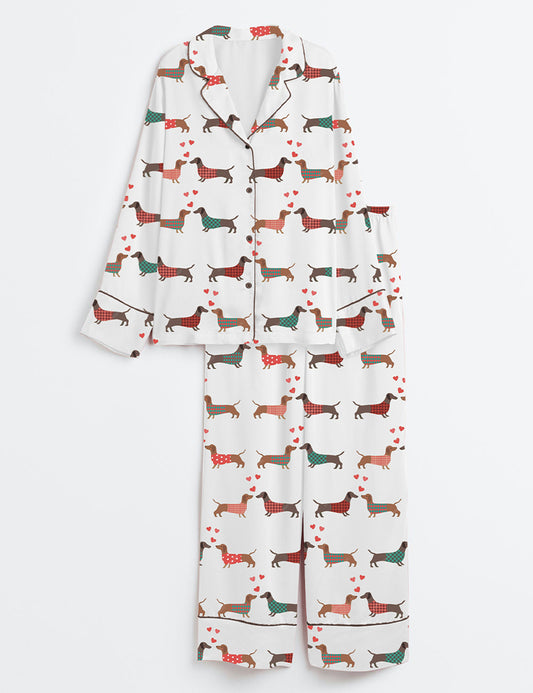 Women's Stylish Dachshund Dog Long Sleeve Satin Pajama Set
