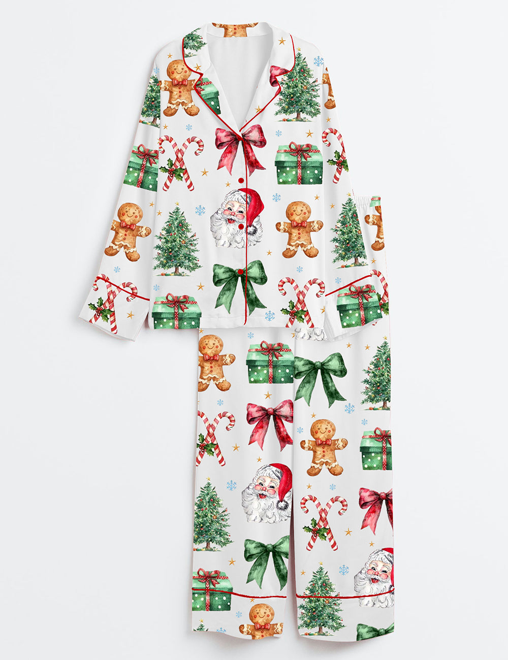 Women’s Christmas Coquette Bow Christmas Tree Cake Long Sleeve Satin Pajama Set