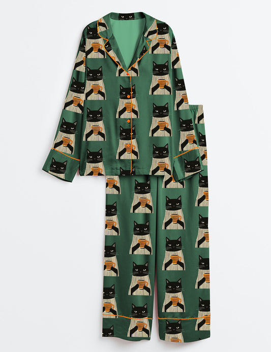 Women’s Black Cat Drinking Coffee Long Sleeve Satin Pajama Set