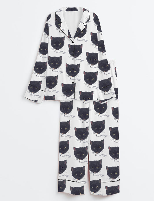 Women’s Smoking Cat Long Sleeve Satin Pajama Set