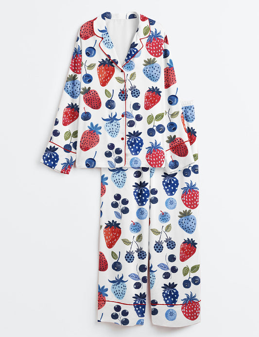 Women’s Strawberry Cottagecore Summer Blueberry The 4th Of July Long Sleeve Satin Pajama Set