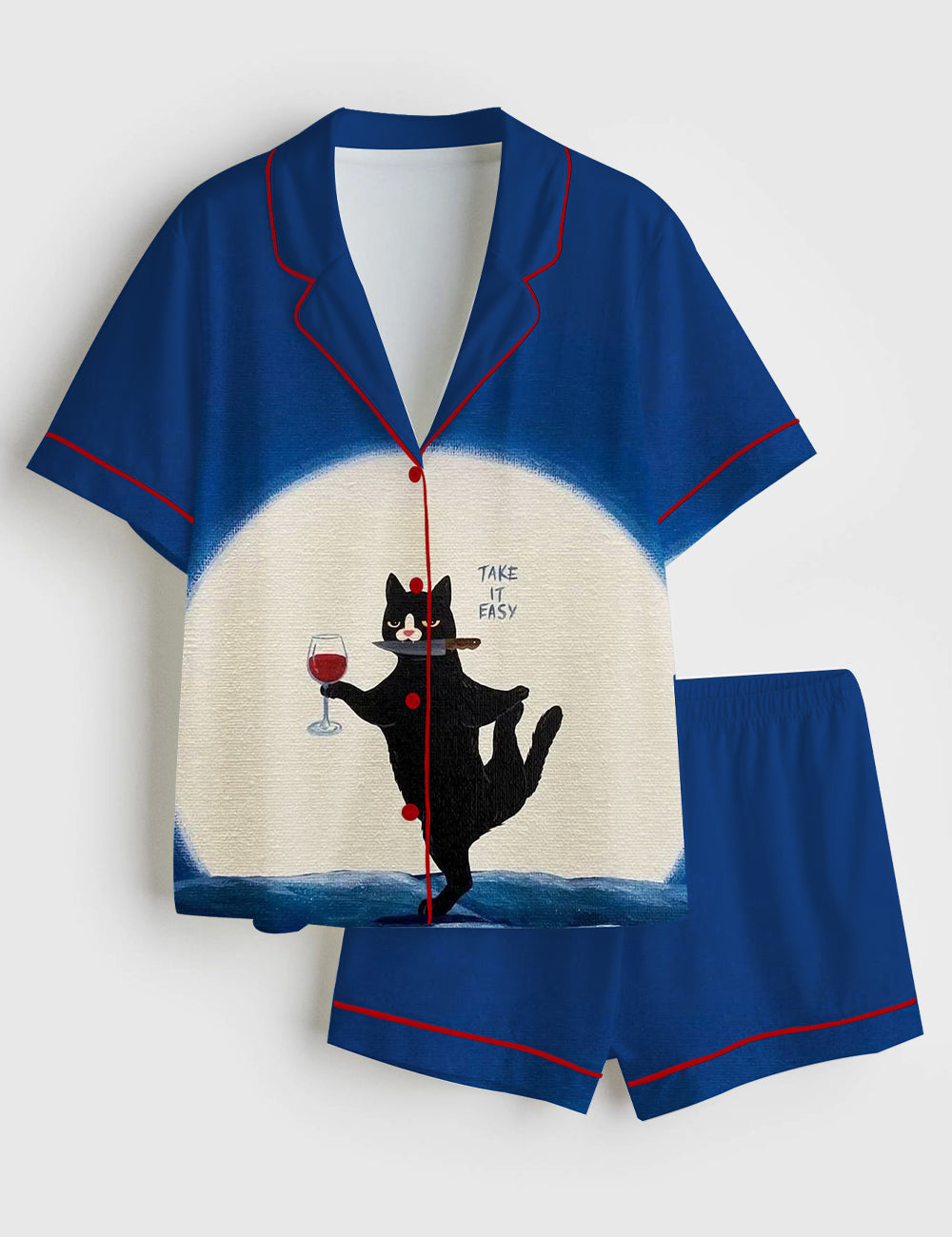 Women’s Cat Holding A Knife And Drinking Wine Take It Easy Short Sleeve Satin Pajama Set