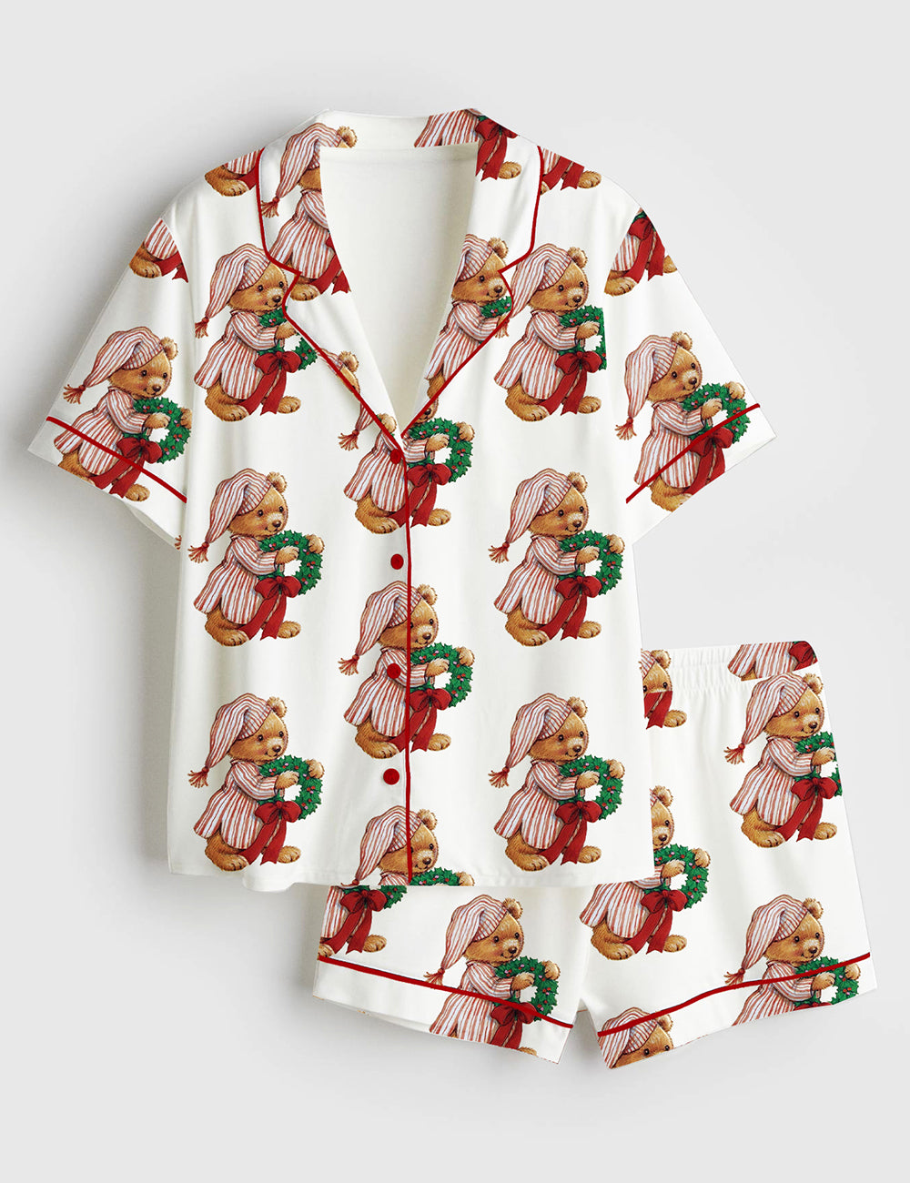 Women’s Christmas Bear Holding A Wreath Short Sleeve Satin Pajama Set
