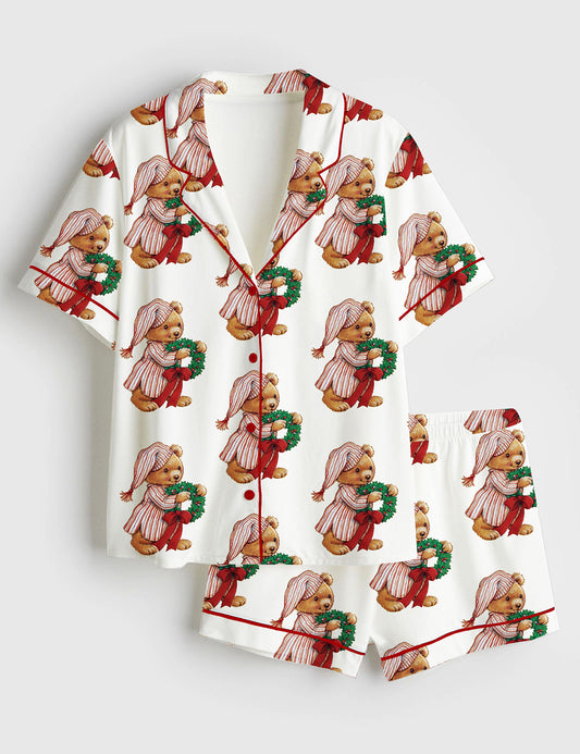 Women’s Christmas Bear Holding A Wreath Short Sleeve Satin Pajama Set