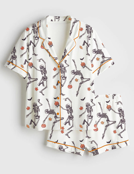 Women’s Dancing Skeleton Halloween Pumpkin Short Sleeve Satin Pajama Set