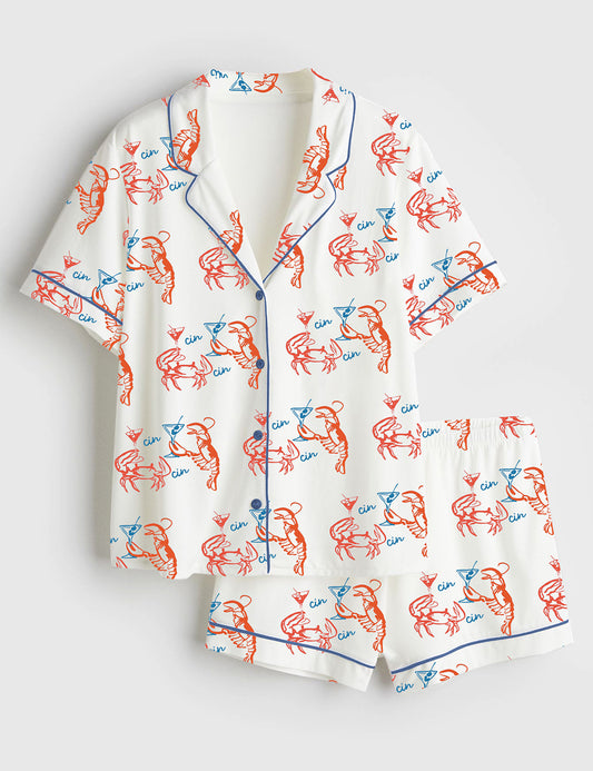 Women’s Lobster Crab Martini Cin Cin Fisherman Aesthetic Summer Coastal Short Sleeve Satin Pajama Set