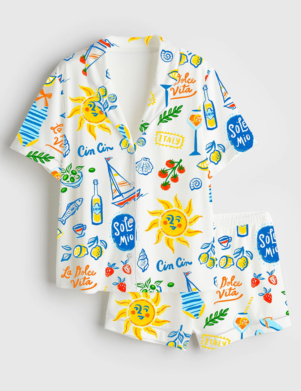 Women’s Italian Summer Vacation Seaside Journeys Short Sleeve Satin Pajama Set