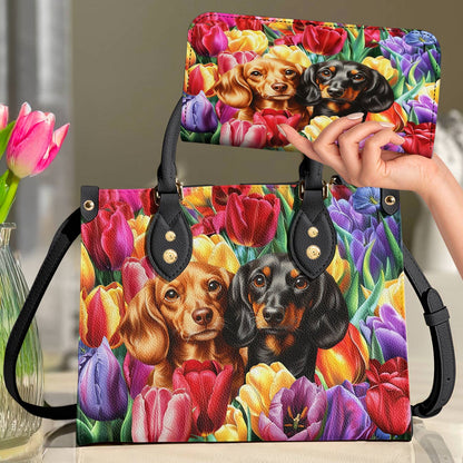 Dachshund Leather Bag Tulip Garden