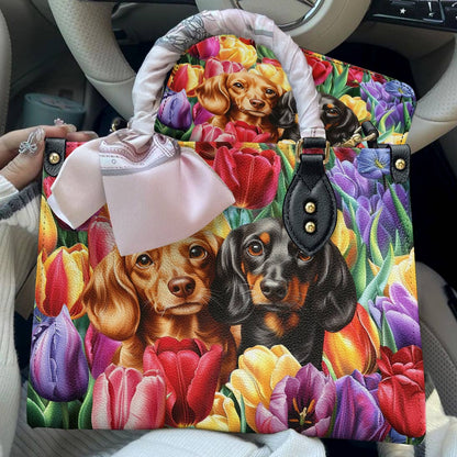 Dachshund Leather Bag Tulip Garden