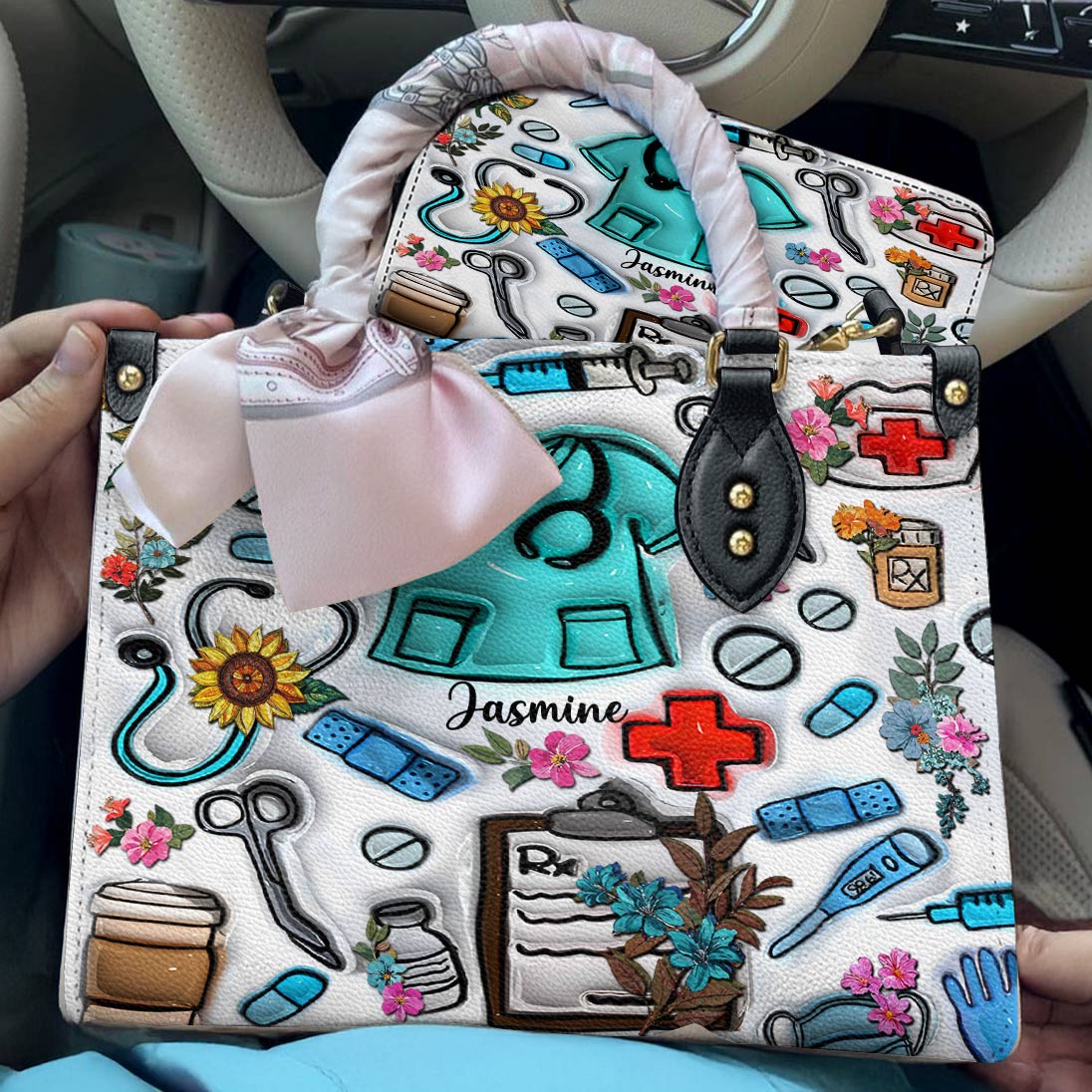 Lorva Personalized Leather Bag Floral Puffy Nurse