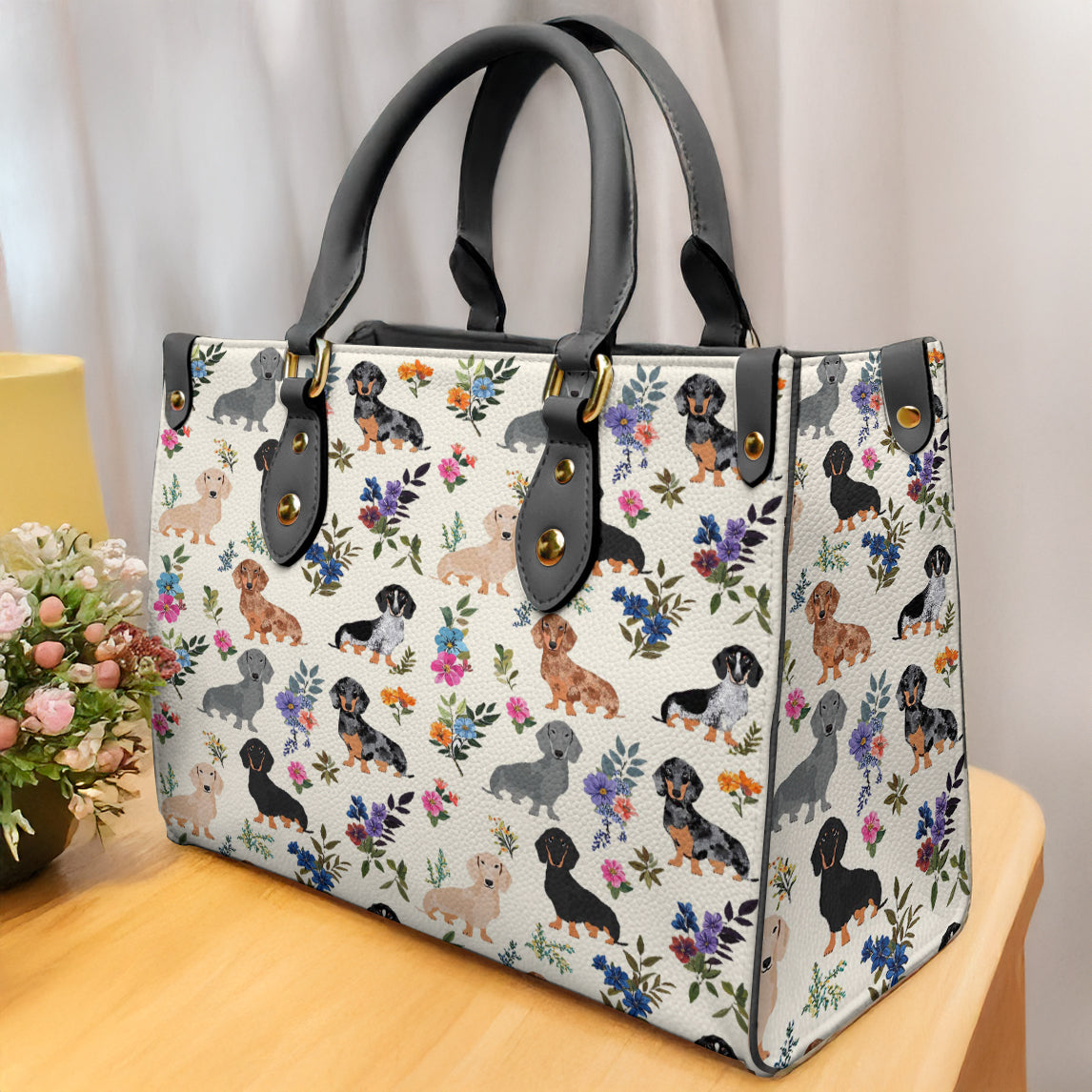 Leather Bag Charming Floral Dachshunds