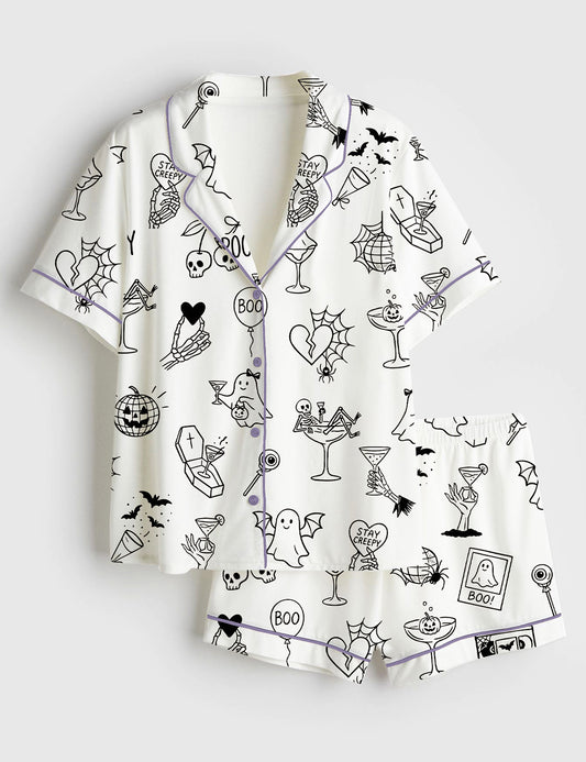 Women’s Halloween Spooky Witchy Bachelorette Short Sleeve Satin Pajama Set