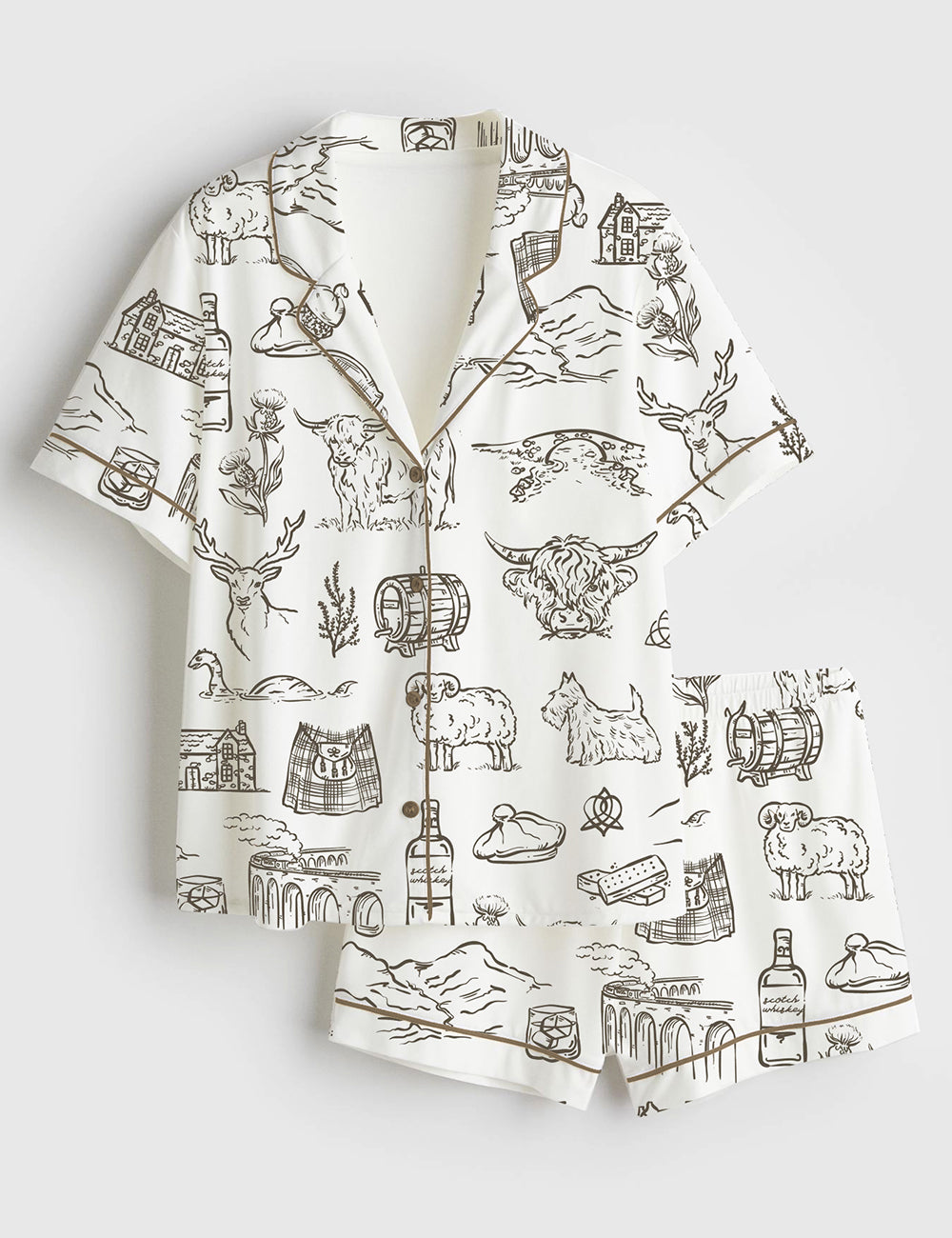 Women’s Scotland Whimsical Style Scottish Highlands Whisky Castles And Love On The Moors Short Sleeve Satin Pajama Set