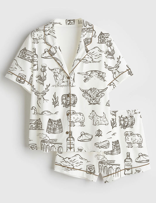 Women’s Scotland Whimsical Style Scottish Highlands Whisky Castles And Love On The Moors Short Sleeve Satin Pajama Set