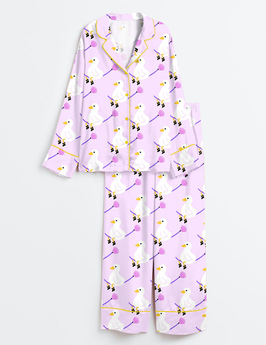 Women’s Halloween Goose Witch Cat Spooky Long Sleeve Satin Pajama Set