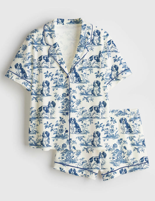 Women's Cavalier King Charles Spaniel French Dog Lover Short Sleeve Satin Pajama Set