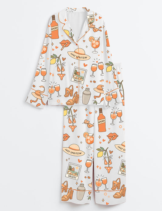 Women’s Spritz Girl Summer Aperol Bottle Cocktail Glass Heels Bikini Summer Beach Long Sleeve Satin Pajama Set