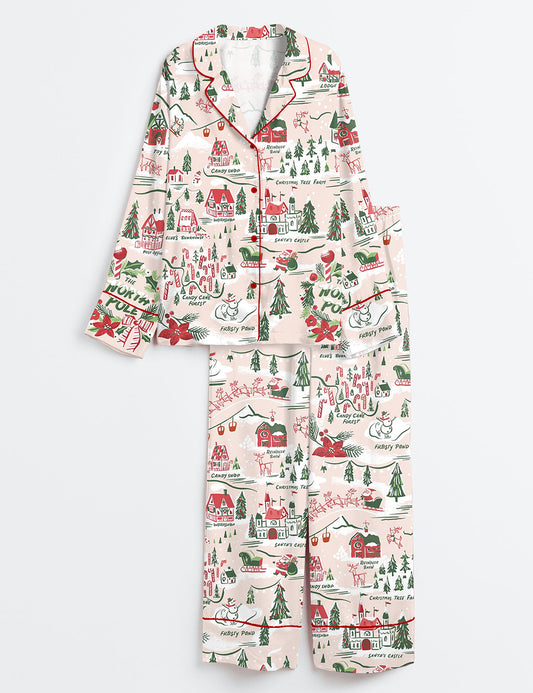 Women’s North Pole Village Map Christmas Retro Holiday Long Sleeve Satin Pajama Set
