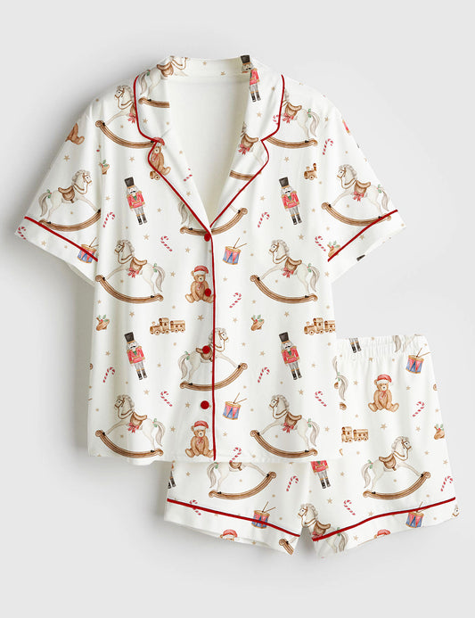 Women’s Christmas Toy Horse Teddy Bear Christmas Nutcracker Drum Short Sleeve Satin Pajama Set