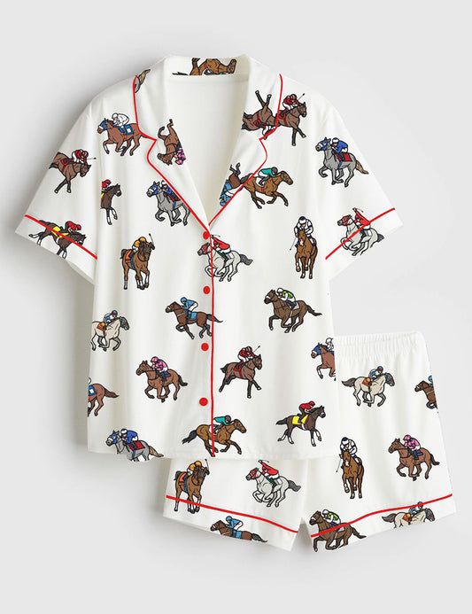 Women’s Derby Horse Racing Kentucky Derby 2025 Equestrian Jockey Print Short Sleeve Satin Pajama Set