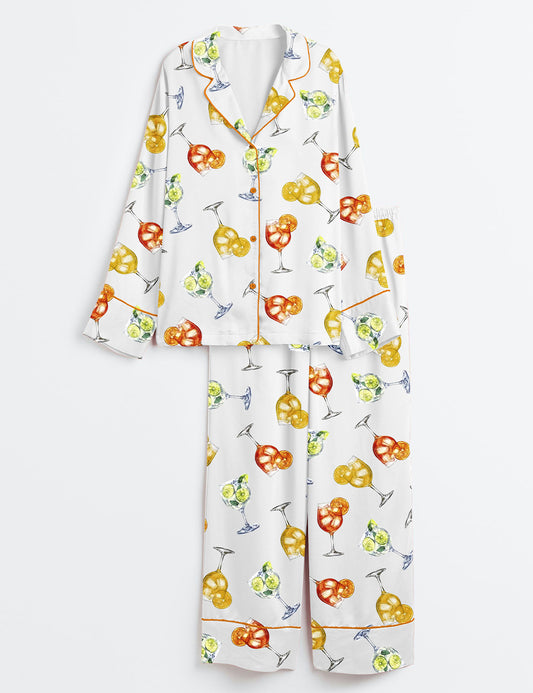 Women’s Aperol Hugo Limoncello Spritz Bar Cocktails Aperol Spritz Trio Watercolor Print Long Sleeve Satin Pajama Set