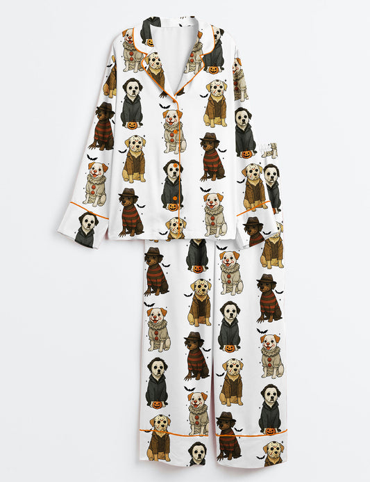 Women’s Just A Spooky Paw Halloween Dog Halloween Characters Dog Lover Print Long Sleeve Satin Pajama Set