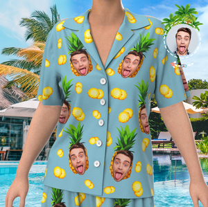 Custom Face On Pajamas Set, Short Sleeve Sleepwear, Button-Down Nightwear - Pineapple