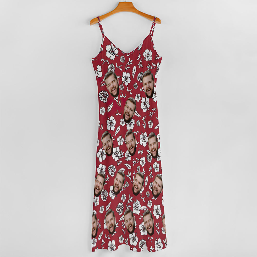 Custom Face Sling Hawaiian Style Red Long Dress White Flowers Design