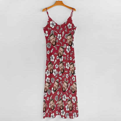 Custom Face Sling Hawaiian Style Red Long Dress White Flowers Design