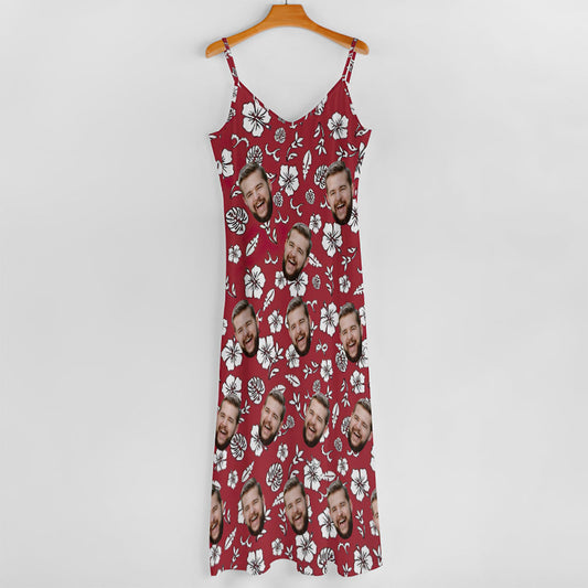 Custom Face Sling Hawaiian Style Red Long Dress White Flowers Design