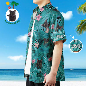 Custom Face Shirt with Text Men's Hawaiian Shirt Black Cat